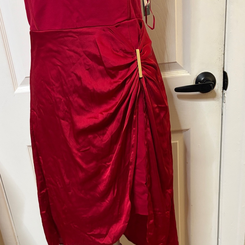 Guess Red Satin Midi Dress with Side Drape - Picture 3 of 10